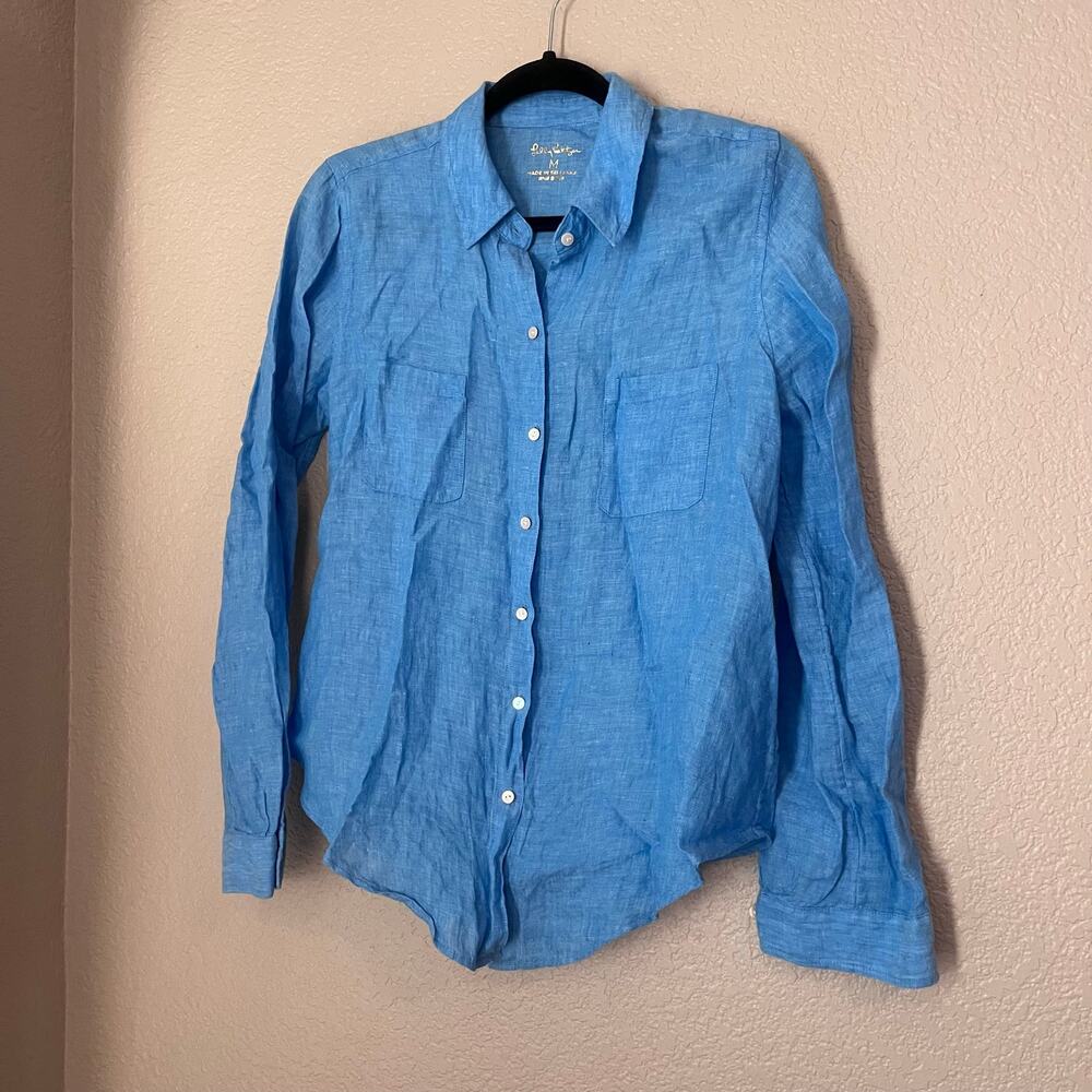 Lilly Pulitzer 100% Linen Blue Button Down Shirt Long Sleeve Medium Collared - Picture 3 of 8